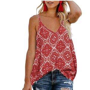 TECREW Women's Boho Red Floral V Neck Spaghetti Straps Tank Top Bandana Large